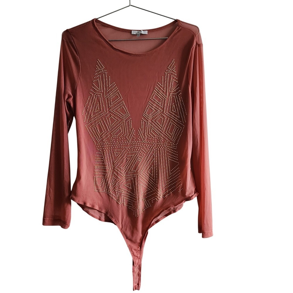 Iris Bodysuit Women 2X Pink Studded Mesh Sheer Geometric Festival Glam Edgy